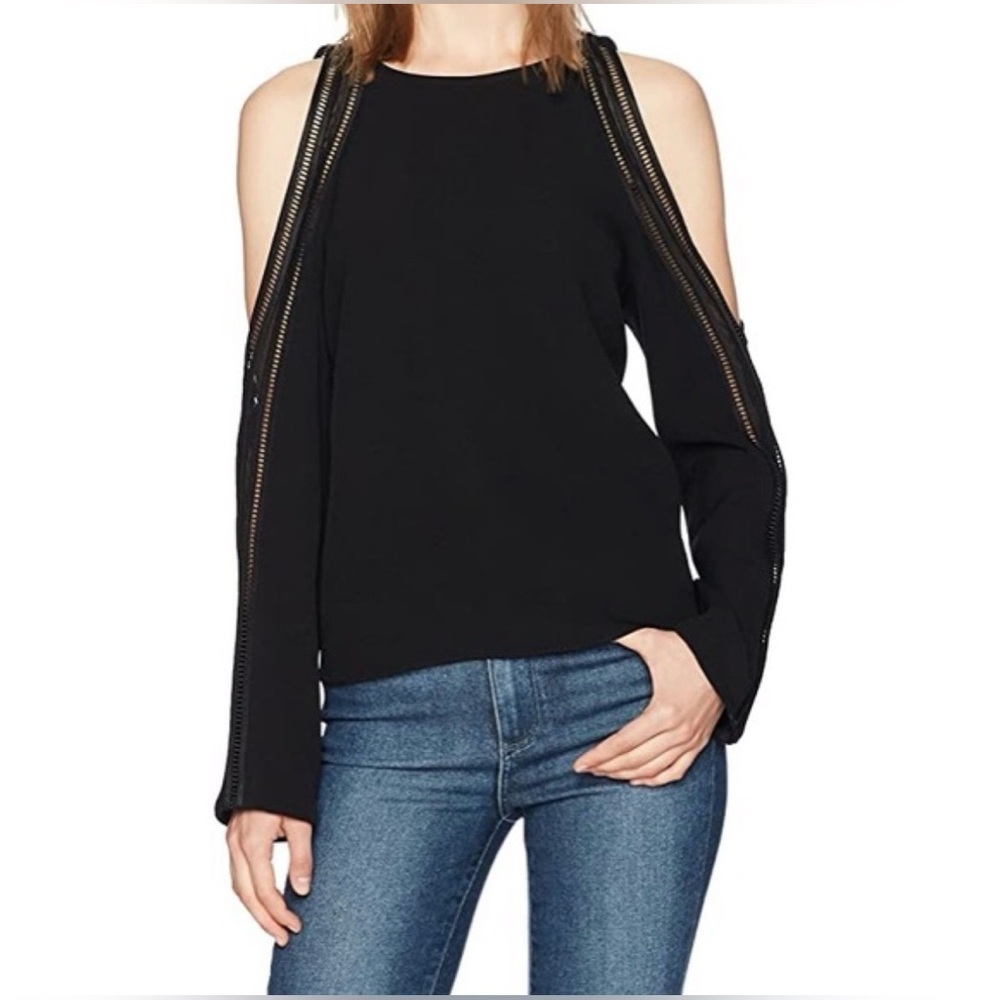 Ramy Brooke Tracey Black Cold-Shoulder Silk embroidered trim Blouse